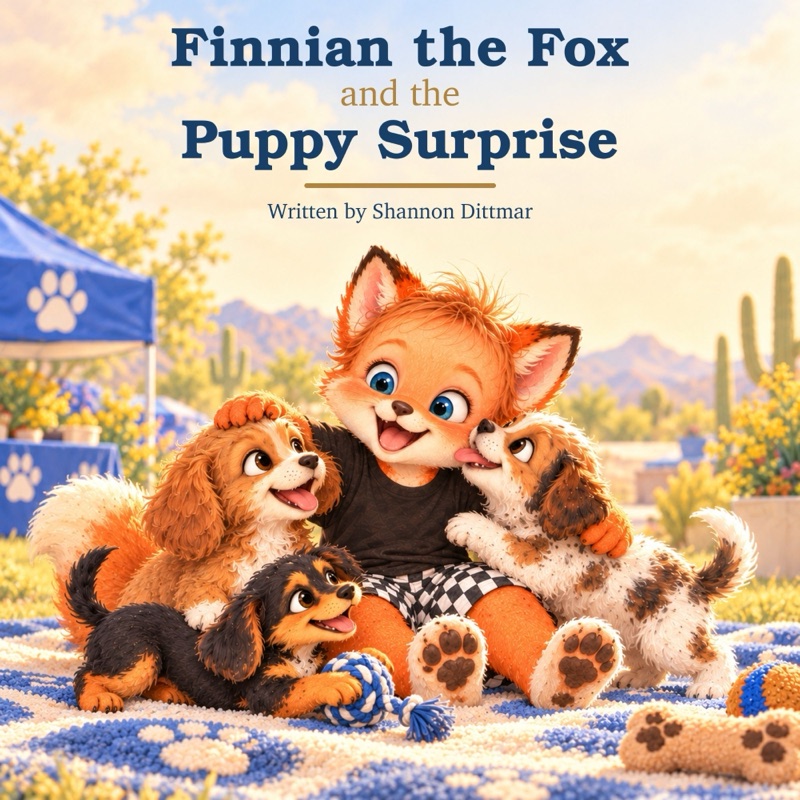 Cover of Finnian the Fox and the Puppy Surprise, written by Shannon Dittmar: a smiling orange fox in a black t-shirt hugs three playful puppies on a blue-and-white blanket in a sunny desert park.